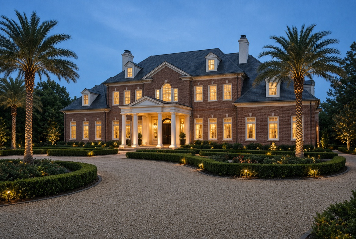 Brick estate at blue hour with circular drive and landscape lighting