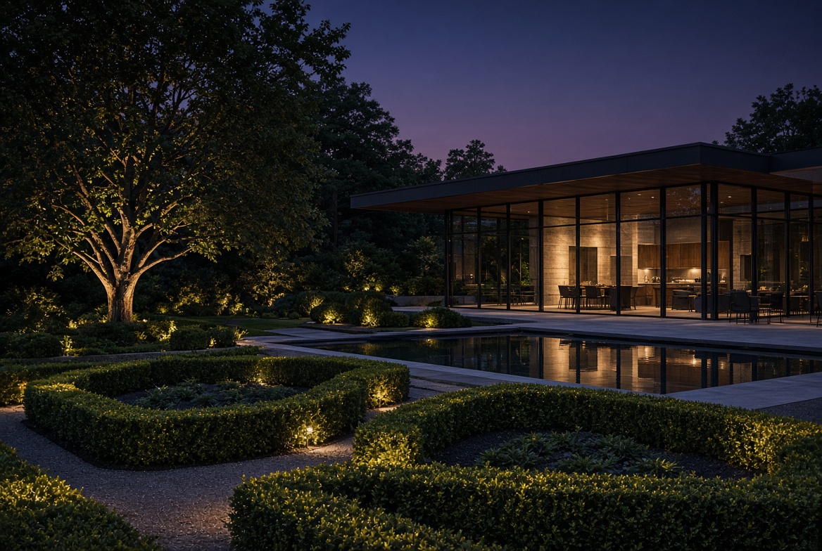 Glass pavilion and formal gardens at dusk with landscape lighting