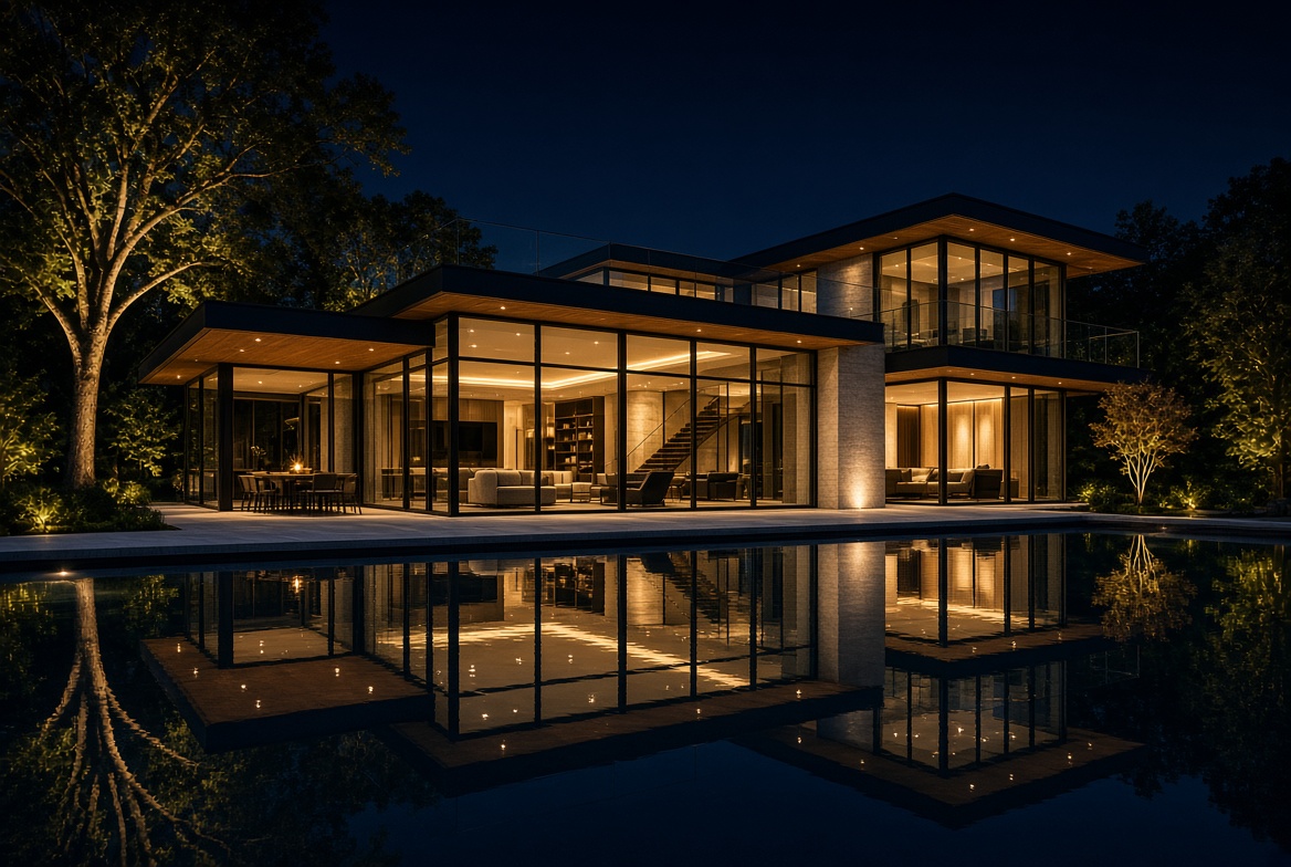 Contemporary glass house reflected in a still pool at night