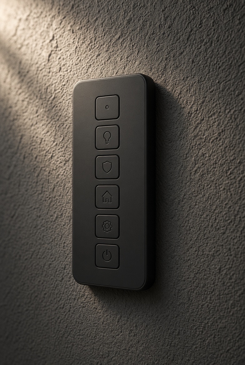 Matte black wall keypad on textured plaster
